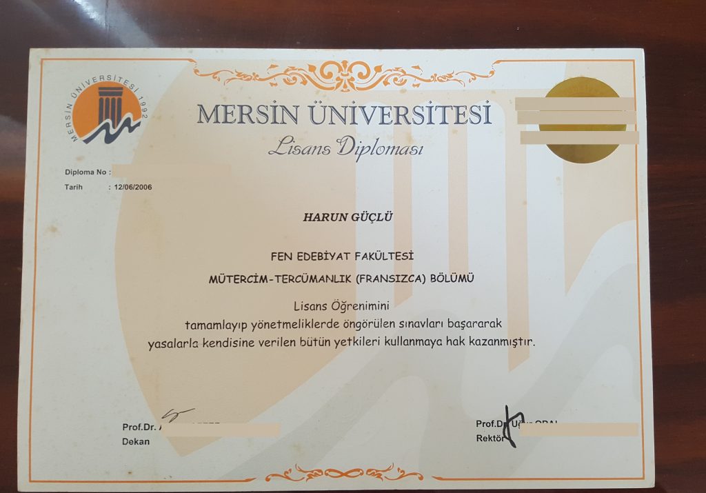 Mersin Üniversitesi'nden alınmış Fransızca bölümüne ait lisans diploması.